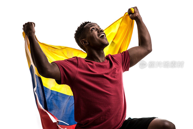 哥伦比亚球迷/运动员在白色背景下庆祝